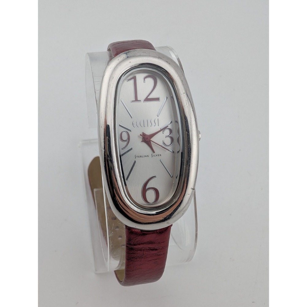 Ecclissi Sterling Silver Women's Watch 24mm Case Red Leather Band- New Battery